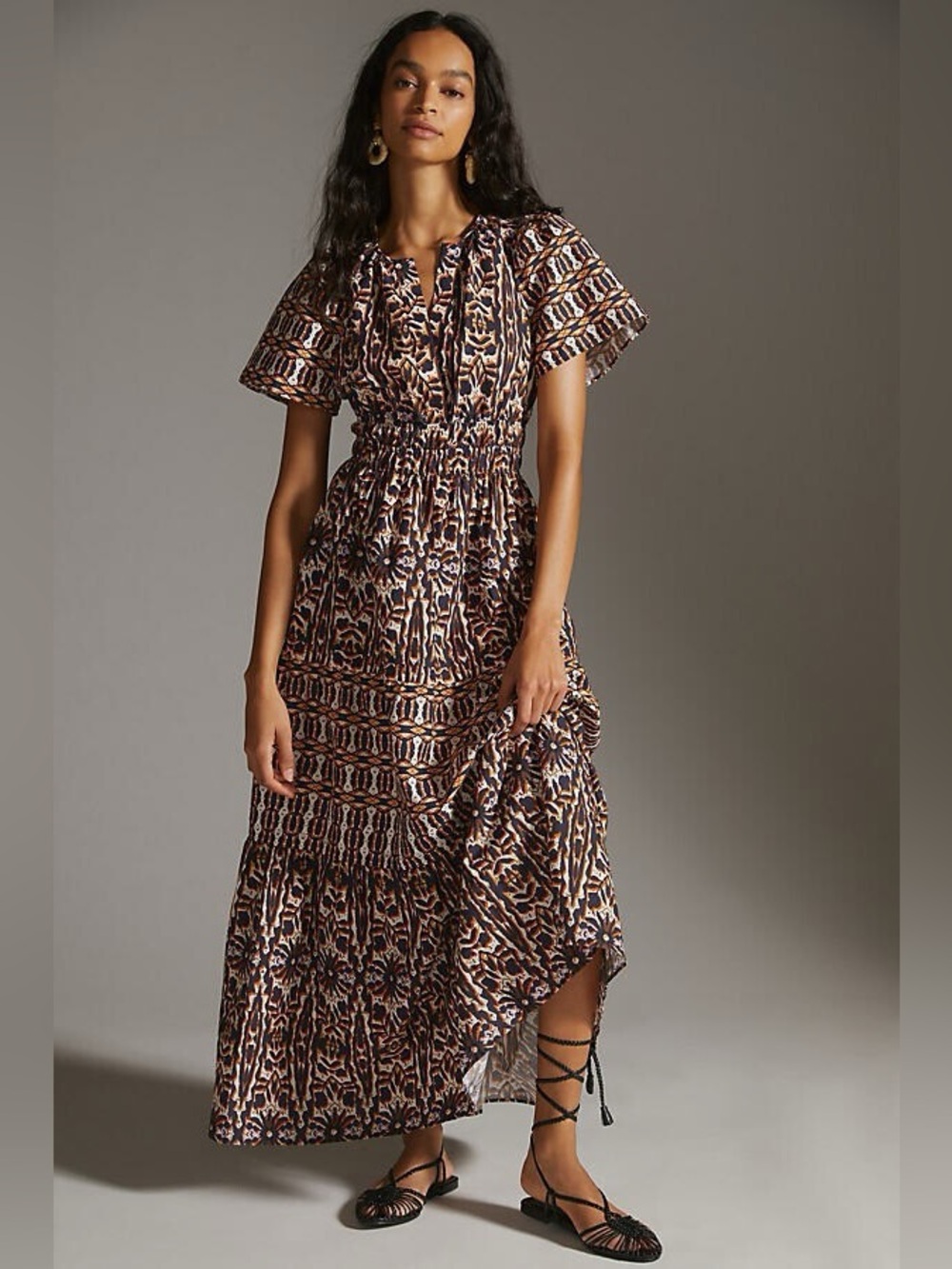 Anthropologie Maeve Somerset Maxi in Orange Navy Print Cotton Dress XS
